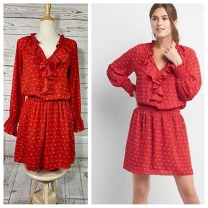 Gap Red Blue Yellow Tiny Floral Print, Ruffle Details Pockets Fit Flare Dress